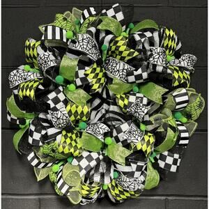 Halloween Black & Green Door Wreath Handmade 22 Inch Deco Mesh
